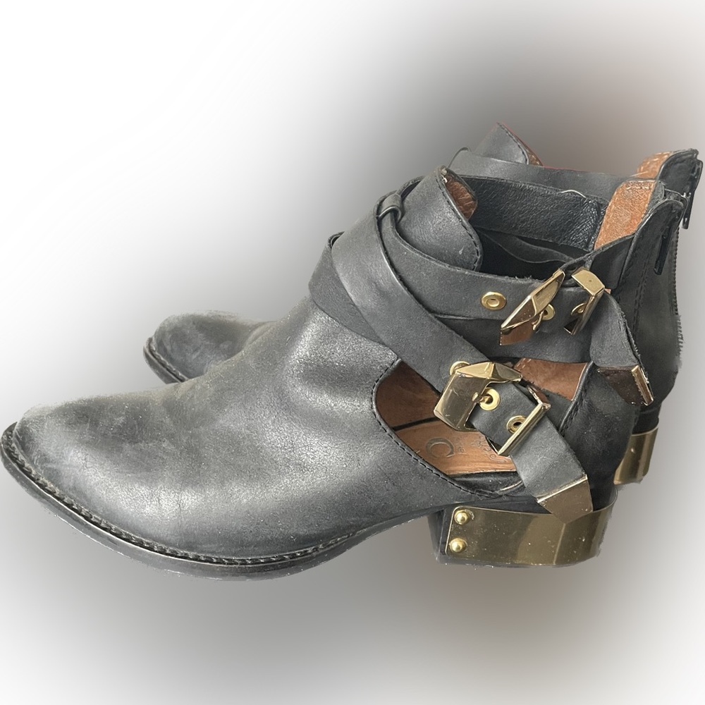 JEFFREY CAMPBELL Women's Everly Leather Black Gold Cut-Out Buckle Boots 5.5 - Picture 2 of 5